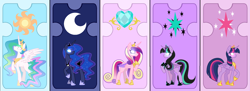 Size: 2260x822 | Tagged: safe, artist:alinamandarina, artist:lunerymish, imported from derpibooru, princess cadance, princess celestia, princess luna, twilight sparkle, oc, oc:twivine sparkle, alicorn, pony, base used, blank eyes, female, group, mare, older, older twilight, older twilight sparkle (alicorn), slender, thin, twilight sparkle (alicorn)