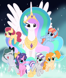 Size: 827x986 | Tagged: safe, artist:sunlightshimmer64, imported from derpibooru, cloudy quartz, cookie crumbles, pear butter, posey shy, princess celestia, twilight velvet, windy whistles, alicorn, earth pony, pegasus, pony, unicorn, base used, bow, female, filly, filly cloudy quartz, filly cookie crumbles, filly pear butter, filly posey shy, filly twilight velvet, filly windy whistles, foal, group, horn, mare, mom six, smiling, when she smiles, younger