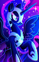 Size: 1312x2048 | Tagged: safe, artist:mazzyna, imported from derpibooru, nightmare moon, alicorn, pony, concave belly, ethereal mane, female, mare, raised hoof, slender, solo, spread wings, thin, wings