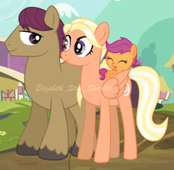 Size: 904x884 | Tagged: safe, artist:sunlightshimmer64, imported from derpibooru, mane allgood, scootaloo, snap shutter, earth pony, pegasus, pony, baby, baby pony, baby scootaloo, eyes closed, father and child, father and daughter, female, filly, foal, husband and wife, long legs, male, maneshutter, mare, mother and child, mother and daughter, physique difference, ponyville, shipping, smiling, stallion, straight, trio, younger