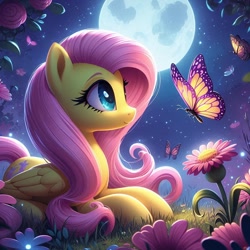 Size: 1024x1024 | Tagged: safe, imported from derpibooru, fluttershy, butterfly, pegasus, pony, ai content, ai generated, cute, female, flower, folded wings, full moon, generator:bing image creator, generator:dall-e 3, grass, lying down, mare, moon, nature, night, outdoors, prompter:nightofcore, shyabetes, solo, stars, wings