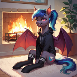 Size: 1024x1024 | Tagged: safe, imported from derpibooru, oc, bat pony, pony, ai content, ai generated, bat pony oc, bat wings, carpet, clothes, fangs, fireplace, generator:stable diffusion, gradient mane, hoodie, kneesocks, looking at you, ponytail, prompter:lost conn, socks, spread wings, wings