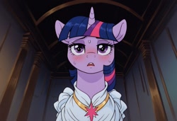 Size: 1216x832 | Tagged: safe, imported from derpibooru, twilight sparkle, alicorn, ai content, ai generated, blushing, clothes, dress, ears up, generator:pony diffusion v6 xl, generator:stable diffusion, hallway, horn, indoors, open mouth, prompter:pinkieponut, purple eyes, solo, sweat, twilight sparkle (alicorn)