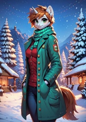 Size: 1216x1728 | Tagged: safe, imported from derpibooru, oc, oc only, oc:littlepip, anthro, unicorn, fallout equestria, ai content, ai generated, anonymous prompter, clothes, coat, cute, hand in pocket, horn, looking at you, night, night sky, scarf, sky, smiling, smiling at you, snow, solo, village, winter