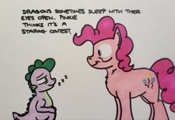 Size: 2048x1406 | Tagged: safe, artist:hoofclid, imported from derpibooru, pinkie pie, spike, dragon, earth pony, pony, chest fluff, duo, duo male and female, female, male, mare, marker drawing, sleeping, smiling, staring contest, text, traditional art