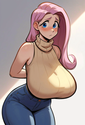 Size: 832x1216 | Tagged: safe, imported from derpibooru, fluttershy, human, ai content, ai generated, alternate eye color, arm behind back, bare shoulders, big breasts, blue eyes, blushing, breasts, busty fluttershy, clothes, cute, denim, eyebrows, eyelashes, female, generator:pony diffusion v6 xl, generator:stable diffusion, huge breasts, humanized, jeans, long hair, looking at you, pants, pink hair, prompter:ilya efimov, shy, shyabetes, simple background, sleeveless, sleeveless sweater, solo, standing, sweater, wrong eye color