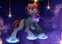 Size: 3500x2500 | Tagged: safe, artist:medkit, imported from derpibooru, oc, oc only, oc:amelia, earth pony, pony, accessory, artfight, bandaid, blue light, chest fluff, clothes, colored ears, colored eyelashes, colored hooves, colored lineart, colored pupils, colored sketch, complex background, ear fluff, ears up, earth pony oc, eye clipping through hair, eyebrows, eyebrows visible through hair, eyes open, female, fringe, full body, galaxy hooves, galaxy horns, green eyes, green shirt, head up, heart shaped, high res, hoof fluff, hooves, horns, jewelry, leg fluff, lightly watermarked, looking at something, magic, mare, necklace, orange light, purple light, quadrupedal, raised hoof, red mane, red tail, shading, shirt, shooting star, signature, sketch, smiling, solo, space, spell, standing, starry sky, stars, sternocleidomastoid, tail, three quarter view, two toned mane, two toned tail, wall of tags, watermark