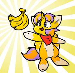 Size: 997x977 | Tagged: safe, artist:zutcha, imported from derpibooru, oc, oc only, alicorn, pony, banana, bandana, bipedal, eye clipping through hair, food, heterochromia, male, solo, stallion, sunburst background