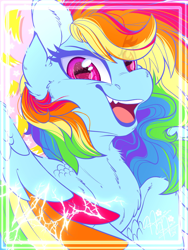 Size: 1536x2048 | Tagged: safe, artist:thehaywaiianhorse, imported from derpibooru, rainbow dash, pegasus, pony, border, bust, colored wings, eye clipping through hair, eyebrows, eyebrows visible through hair, female, fluffy, lightning, looking at you, mare, multicolored wings, open mouth, open smile, partially open wings, rainbow wings, signature, smiling, smiling at you, solo, stars, wings