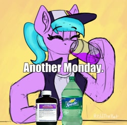 Size: 1438x1415 | Tagged: safe, artist:reddthebat, imported from derpibooru, azure velour, earth pony, pony, bust, cough syrup, drink, drinking, eyebrows, eyebrows visible through hair, eyes closed, female, hoof hold, lean, magnetic hooves, mare, soda, solo, sprite (drink), text