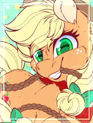 Size: 1536x2048 | Tagged: safe, artist:thehaywaiianhorse, imported from derpibooru, applejack, earth pony, pony, apple, applejack's hat, bandana, border, bow, bust, cowboy hat, eye clipping through hair, eyebrows, eyebrows visible through hair, female, food, hair bow, hat, looking at you, mare, mouth hold, rope, signature, smiling, smiling at you, solo, stars