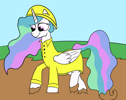 Size: 2000x1600 | Tagged: safe, artist:amateur-draw, imported from derpibooru, princess celestia, alicorn, clothes, female, hat, mud, muddy, muddy hooves, raincoat, solo