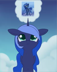 Size: 1675x2092 | Tagged: safe, artist:dusthiel, imported from derpibooru, princess luna, pony, atg 2024, cloud, newbie artist training grounds, solo, thought bubble