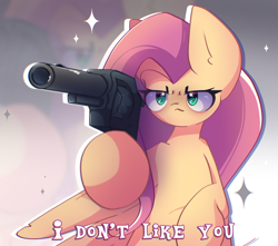 Size: 2150x1900 | Tagged: safe, artist:miryelis, imported from derpibooru, fluttershy, pegasus, pony, big ears, female, gun, handgun, long hair, mare, meme, revolver, serious, solo, text, weapon, zoom layer