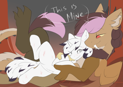 Size: 2663x1899 | Tagged: safe, artist:beardie, imported from derpibooru, oc, oc only, oc:ira, oc:yiazmat, claimed, couple, duo, ear fluff, feathered wings, gradient background, horn, horns, irazmat, looking at each other, looking at someone, oc x oc, scar, shipping, size difference, smiling, smiling at each other, tail, wings