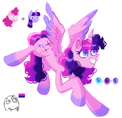 Size: 1880x1813 | Tagged: safe, artist:irisikiki, imported from derpibooru, pinkie pie, twilight sparkle, oc, alicorn, earth pony, pony, female, fusion:pinkie pie, fusion:twilight sparkle, grin, mare, simple background, smiling, solo, twilight sparkle (alicorn), white background