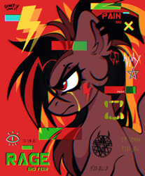 Size: 1620x1957 | Tagged: safe, artist:rtootb, imported from derpibooru, oc, oc:era, pony, angry, crying, digital art, ear fluff, ear piercing, earring, eyebrow piercing, jewelry, lightning, looking up, piercing, red eyes, symbol, tattoo, tears of anger, text