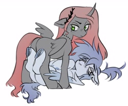 Size: 3447x2873 | Tagged: safe, artist:opalacorn, imported from derpibooru, oc, oc only, alicorn, pegasus, pony, butt, duo, duo female, female, laurel wreath, looking back, lying down, mare, on back, plot, simple background, underhoof, white background