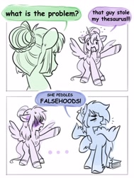 Size: 3099x4096 | Tagged: safe, artist:opalacorn, imported from derpibooru, oc, oc only, oc:asteria, oc:blue skies, oc:largesse, alicorn, earth pony, pegasus, pony, 2 panel comic, comic, dialogue, female, male, mare, simple background, speech bubble, stallion, thesaurus, trio, white background