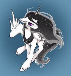 Size: 1910x2048 | Tagged: safe, artist:opalacorn, imported from derpibooru, oc, oc only, oc:starlight, alicorn, pony, angry, ethereal mane, ethereal tail, female, floppy ears, gradient background, long mane, long tail, looking at you, mare, not luna, one wing out, scowl, slender, solo, starry mane, starry tail, tail, thin, unshorn fetlocks, wings