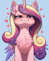 Size: 997x1236 | Tagged: safe, imported from derpibooru, princess cadance, alicorn, pony, ai content, ai generated, blushing, cheek fluff, chest fluff, cute, ear fluff, female, fluffy, generator:pony diffusion v6 xl, generator:stable diffusion, heart, horn, lidded eyes, looking at you, mare, prompter:ramprover, simple background, smug, wings