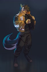 Size: 2494x3798 | Tagged: safe, artist:falopaxy, imported from derpibooru, oc, oc:masterkey, anthro, unicorn, cyberpunk 2077, horn, smoking, solo