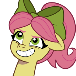 Size: 4096x4096 | Tagged: safe, artist:enterusxrname, earth pony, pony, absurd resolution, bow, bust, furrowed brow, g5, grin, png, ponytail, posey bloom, simple background, smiling, transparent background