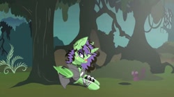 Size: 604x338 | Tagged: safe, artist:lunarglaze, imported from derpibooru, oc, oc only, oc:dolores, alicorn, pegasus, pony, unicorn, bandage, bandaged leg, bat wings, clothes, everfree forest, eyeshadow, feet, forest, grass, horn, jewelry, lying down, makeup, nature, necklace, patch, piercing, shirt, solo, sticker, stocking feet, tree, wings