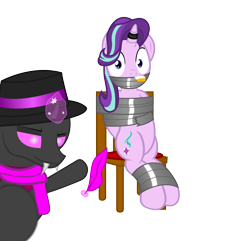 Size: 2800x2700 | Tagged: safe, artist:cardshark777, imported from derpibooru, starlight glimmer, oc, oc:card shark, changeling, pony, unicorn, bondage, bound and gagged, chair, changeling oc, cloth gag, clothes, digital art, duo, duo male and female, feather, fedora, female, gag, hat, helpless, horn, horn ring, imminent tickles, inhibitor ring, jewelry, looking at you, magic, magic aura, magic suppression, male, pink eyes, ring, rope, simple background, sitting, sock gag, socks, tape, tape bondage, tape gag, telekinesis, tied to chair, tied up, transparent background, trio, two toned mane