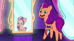 Size: 3300x1839 | Tagged: safe, imported from derpibooru, screencap, sunny starscout, spoiler:g5, spoiler:my little pony: tell your tale, spoiler:tyts02e16, female, filly, filly sunny starscout, foal, funhouse mirror, g5, hall-o-marers, mare, mirror, my little pony: tell your tale, open mouth, open smile, reflection, smiling, younger