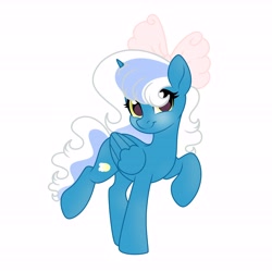 Size: 6890x6890 | Tagged: safe, artist:riofluttershy, imported from derpibooru, oc, oc only, oc:fleurbelle, alicorn, pony, alicorn oc, blushing, bow, female, hair bow, horn, mare, raised hoof, simple background, smiling, solo, white background, wings, yellow eyes