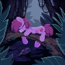 Size: 700x700 | Tagged: safe, artist:crimmharmony, imported from derpibooru, berry punch, berryshine, pony, bottle, digital art, drunk, forest, nature, night, pixel art, sleeping, solo, tree