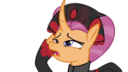 Size: 1280x720 | Tagged: artist needed, safe, anonymous artist, edit, edited screencap, imported from derpibooru, screencap, sable spirit, pony, unicorn, campfire tales, background removed, clothes, curved horn, dazed, empress sable spirit, female, frown, hoof on cheek, horn, indigo eyes, magenta hair, magenta mane, mare, open mouth, orange coat, orange fur, orange pony, solo, young sable spirit