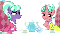 Size: 1280x720 | Tagged: artist needed, safe, anonymous artist, edit, edited screencap, imported from derpibooru, screencap, stepford ponies, earth pony, pony, unicorn, what lies beneath, background removed, clothes, cup, dress, duo, duo female, female, horn, jewelry, mare, necklace, pearl necklace, smiling, table, tea party, teapot