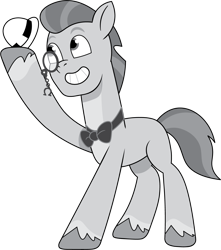 Size: 1086x1227 | Tagged: safe, artist:prixy05, imported from derpibooru, hitch trailblazer, earth pony, pony, spoiler:g5, spoiler:my little pony: tell your tale, spoiler:tyts02e16, black and white, bowler hat, bowtie, g5, grayscale, hall-o-marers, hat, hat tip, male, monochrome, monocle, my little pony: tell your tale, simple background, solo, stallion, that was fast, transparent background, vector