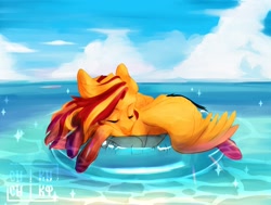 Size: 1600x1207 | Tagged: safe, artist:zaka, imported from derpibooru, oc, oc only, pegasus, pony, beach, circle, commission, floating, inner tube, not sunset shimmer, ocean, pool toy, solo, water