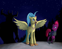 Size: 1280x1024 | Tagged: safe, artist:mr minati, imported from derpibooru, princess skystar, storm king, tempest shadow, hippogriff, pony, unicorn, my little pony: the movie, art, broken horn, crying, fanfic, fanfic art, fanfic cover, horn, jewelry, necklace, night, night sky, silhouette, sky, trio