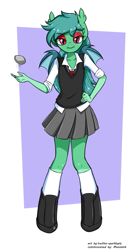 Size: 1041x1995 | Tagged: safe, artist:twilite-sparkleplz, imported from derpibooru, oc, oc only, oc:carte blanche, anthro, bat pony, anthro oc, bat pony oc, bat wings, clothes, coat markings, crossdressing, freckles, male, rock, school uniform, sitting, skirt, solo, wings