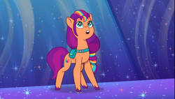 Size: 1268x720 | Tagged: safe, imported from derpibooru, screencap, sunny starscout, earth pony, pony, spoiler:g5, spoiler:my little pony: tell your tale, spoiler:tyts02e16, concave belly, cute, female, fit, g5, hall-o-marers, mane stripe sunny, mare, my little pony: tell your tale, slender, solo, standing, starry eyes, sunny's bag, sunnybetes, thin, wingding eyes