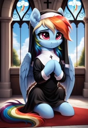 Size: 832x1216 | Tagged: safe, imported from derpibooru, rainbow dash, pegasus, pony, ai content, ai generated, female, generator:pony diffusion v6 xl, generator:stable diffusion, mare, nun, nun outfit, prompter:gregorymars, sad, solo, solo female