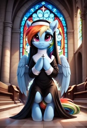 Size: 832x1216 | Tagged: safe, imported from derpibooru, rainbow dash, pegasus, pony, ai content, ai generated, female, generator:pony diffusion v6 xl, generator:stable diffusion, mare, nun, nun outfit, prompter:gregorymars, sad, solo, solo female