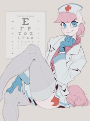 Size: 1560x2100 | Tagged: safe, artist:egil, imported from derpibooru, nurse redheart, anthro, earth pony, ass, butt, clothes, coat, cute, eye chart, female, gloves, grin, hat, nurse hat, nurse outfit, sitting, skirt, smiling, socks, solo, stockings, sweater, thigh highs, turtleneck