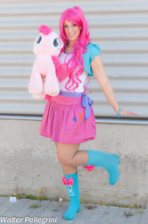 Size: 1024x1539 | Tagged: safe, artist:giorgiasanny, imported from derpibooru, pinkie pie, human, equestria girls, boots, clothes, cosplay, costume, high heel boots, irl, irl human, jacket, photo, plushie, shirt, shoes, skirt, vest