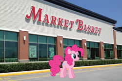 Size: 1000x663 | Tagged: safe, artist:deyrasd, artist:topsangtheman, edit, imported from derpibooru, pinkie pie, earth pony, pony, cute, diapinkes, female, irl, mare, market basket, outdoors, photo, solo, street