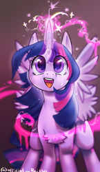 Size: 640x1100 | Tagged: safe, anonymous editor, artist:jessichur, edit, imported from derpibooru, twilight sparkle, alicorn, pony, chest fluff, crying, front view, magic, magic aura, open mouth, open smile, smiling, solo, sparks, tears of joy, twilight sparkle (alicorn)