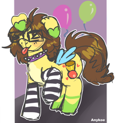 Size: 2480x2564 | Tagged: safe, artist:anykoe, imported from derpibooru, oc, oc only, oc:honky tonk, pegasus, pony, accessory, artfight, balloon, clothes, colored sketch, glasses, party, pegasus oc, signature, sketch, socks, solo, tongue out, wings