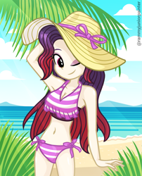 Size: 2015x2490 | Tagged: safe, artist:rjp.rammy, imported from derpibooru, oc, oc:anna, equestria girls, beach, bikini, clothes, female, hat, one eye closed, solo, swimsuit, wink