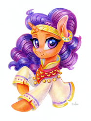 Size: 897x1200 | Tagged: safe, artist:maytee, imported from derpibooru, saffron masala, pony, unicorn, bust, colored pencil drawing, horn, portrait, simple background, solo, traditional art, white background