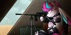 Size: 2000x992 | Tagged: safe, artist:andaluce, imported from derpibooru, zipp storm, pony, chest fluff, clothes, collar, female, g5, gun, mare, rifle, sniper rifle, socks, solo, spread wings, suppressor, unshorn fetlocks, weapon, wings