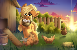 Size: 6120x4000 | Tagged: safe, artist:natanvok, imported from derpibooru, applejack, bird, chicken, earth pony, pony, basket, cottagecore, egg, female, mare, mouth hold, solo, sunrise